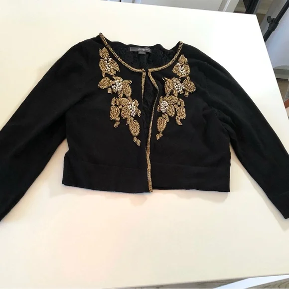 Twenty One Black Beaded Cardigan Sweater Women’s L Gold Beads Pearls Lace Lining - Picture 7 of 15